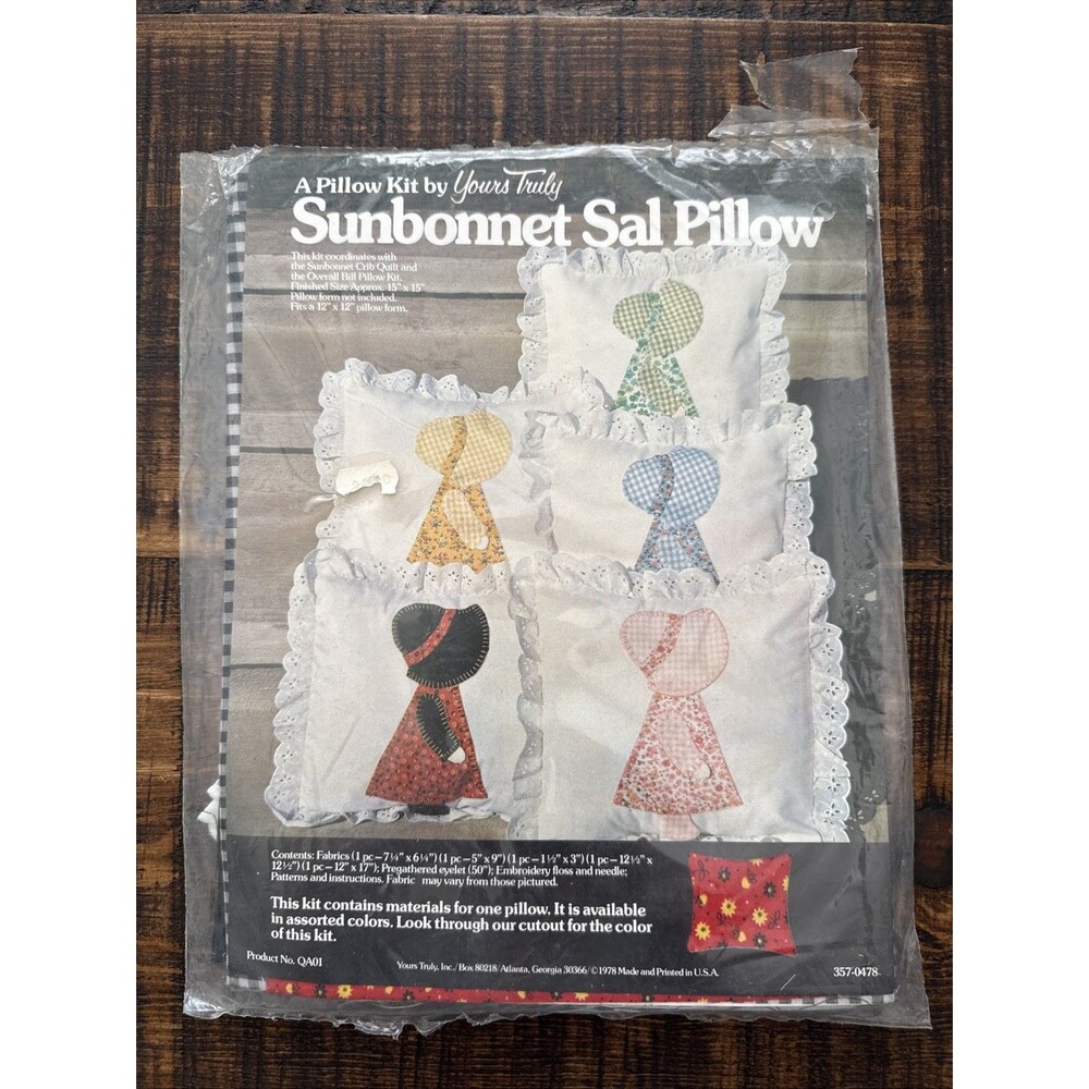Vintage 1978 Yours Truly SUNBONNET SAL Girl Pillow Kit (15x15) Black Gingham NOS